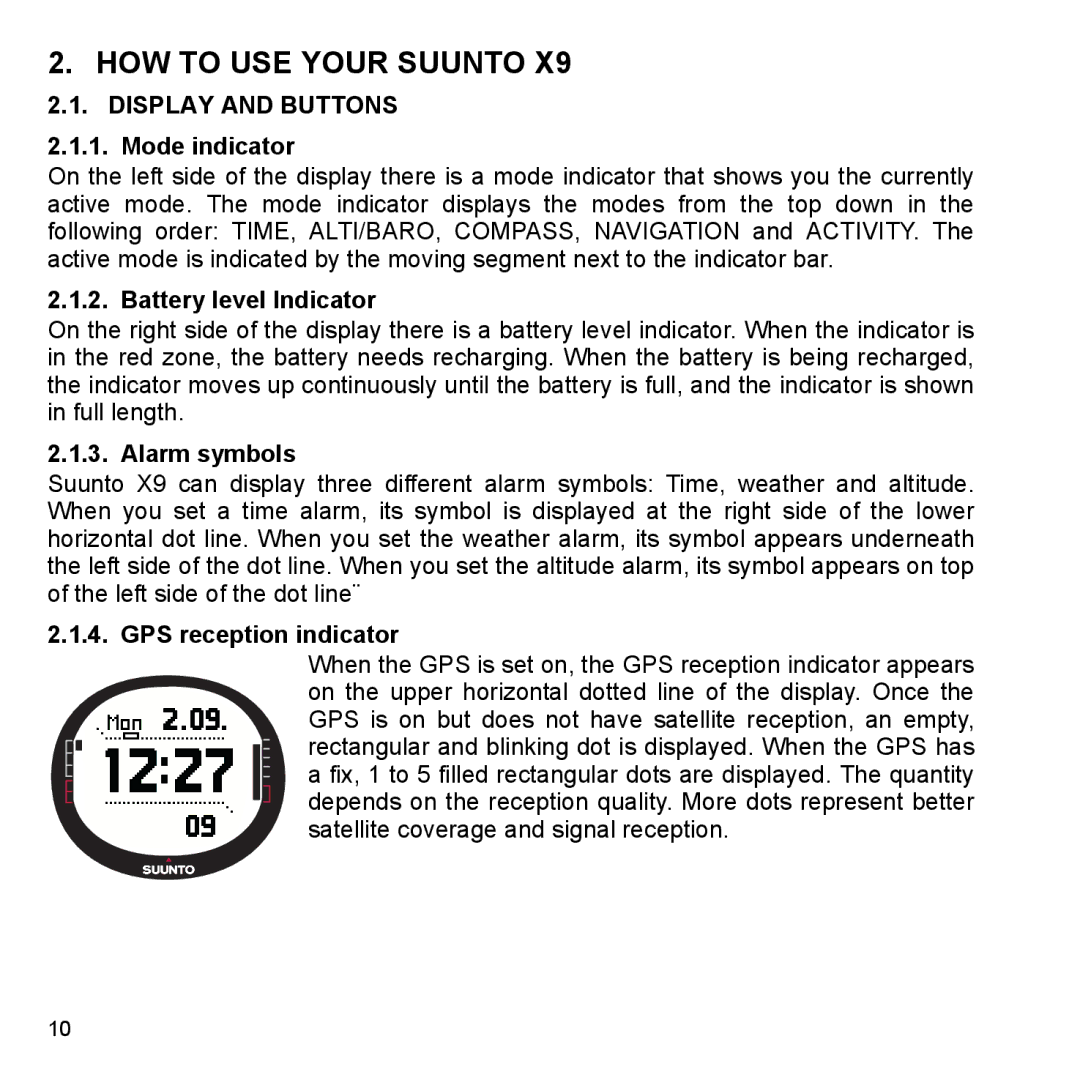 Suunto X9_en HOW to USE Your Suunto, Display and Buttons 2.1.1. Mode indicator, Battery level Indicator, Alarm symbols 