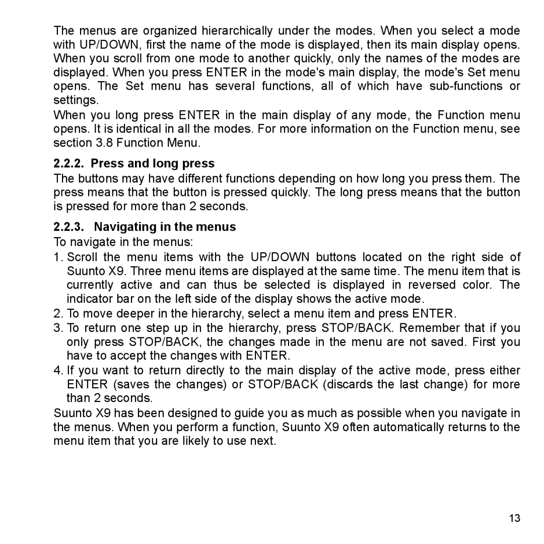 Suunto X9_en manual Press and long press 