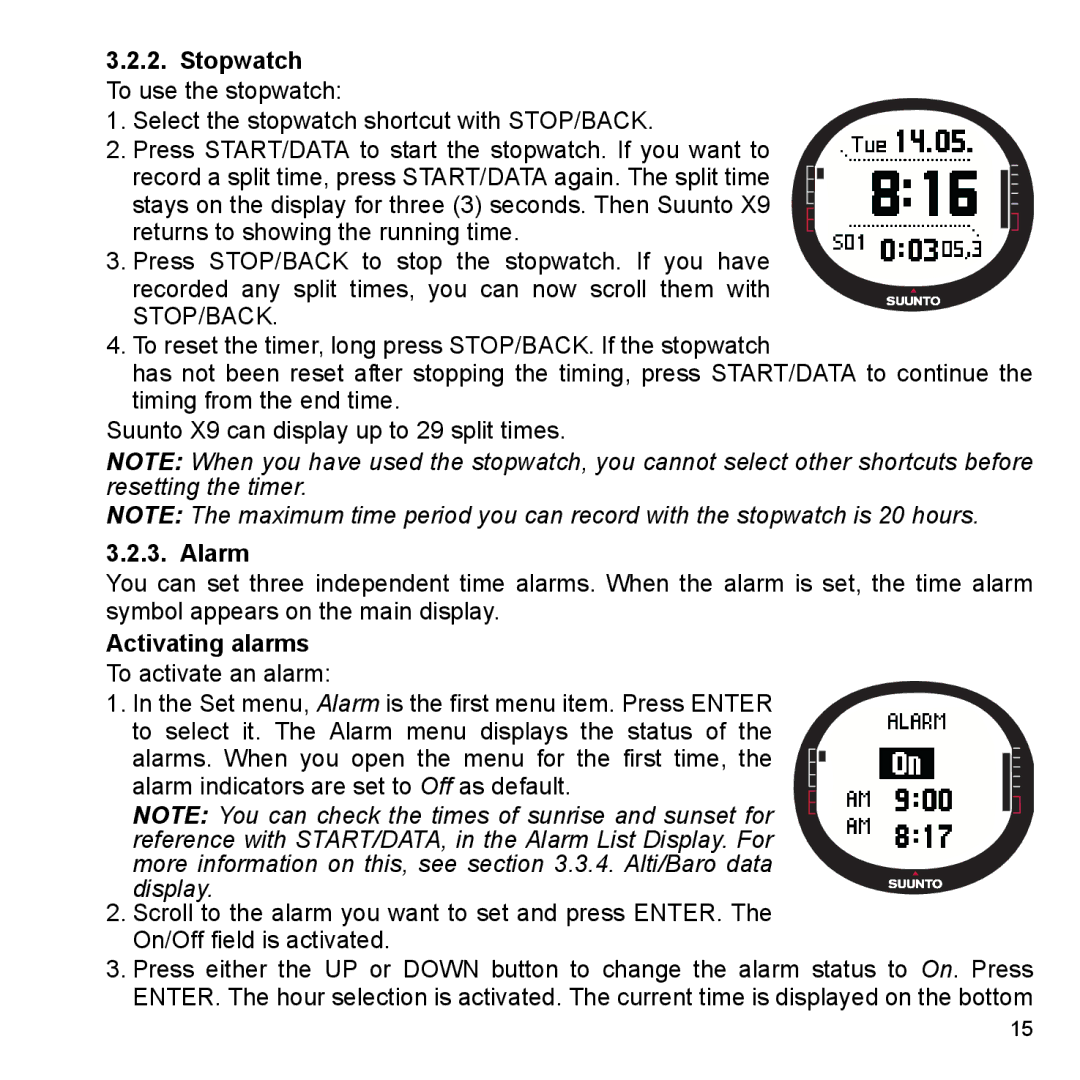 Suunto X9_en manual Stopwatch, Alarm, Activating alarms To activate an alarm 