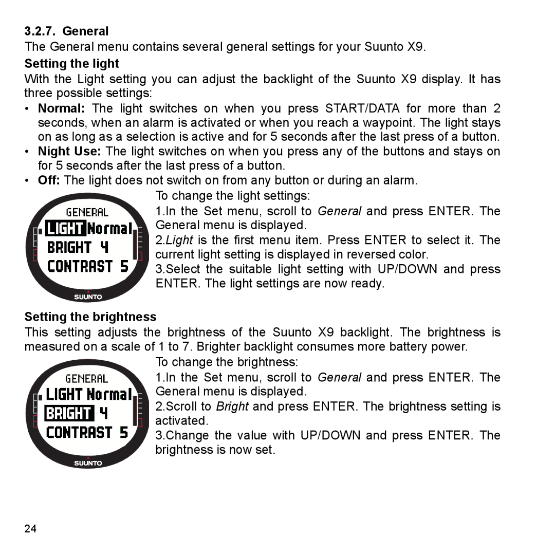 Suunto X9_en manual General, Setting the light, Setting the brightness 