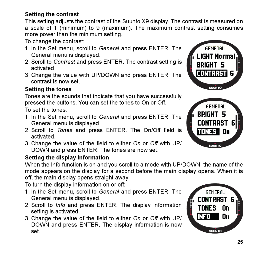 Suunto X9_en manual Setting the contrast, Setting the tones, Setting the display information 