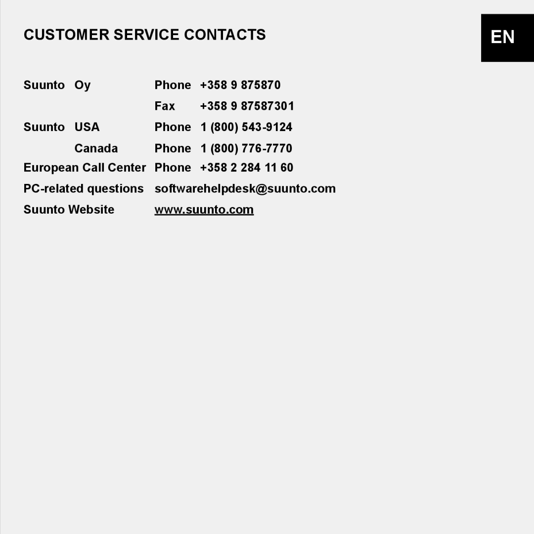 Suunto X9_en manual Customer Service Contacts, Suunto Phone +358 875870 Fax 87587301, Usa, Suunto Website 