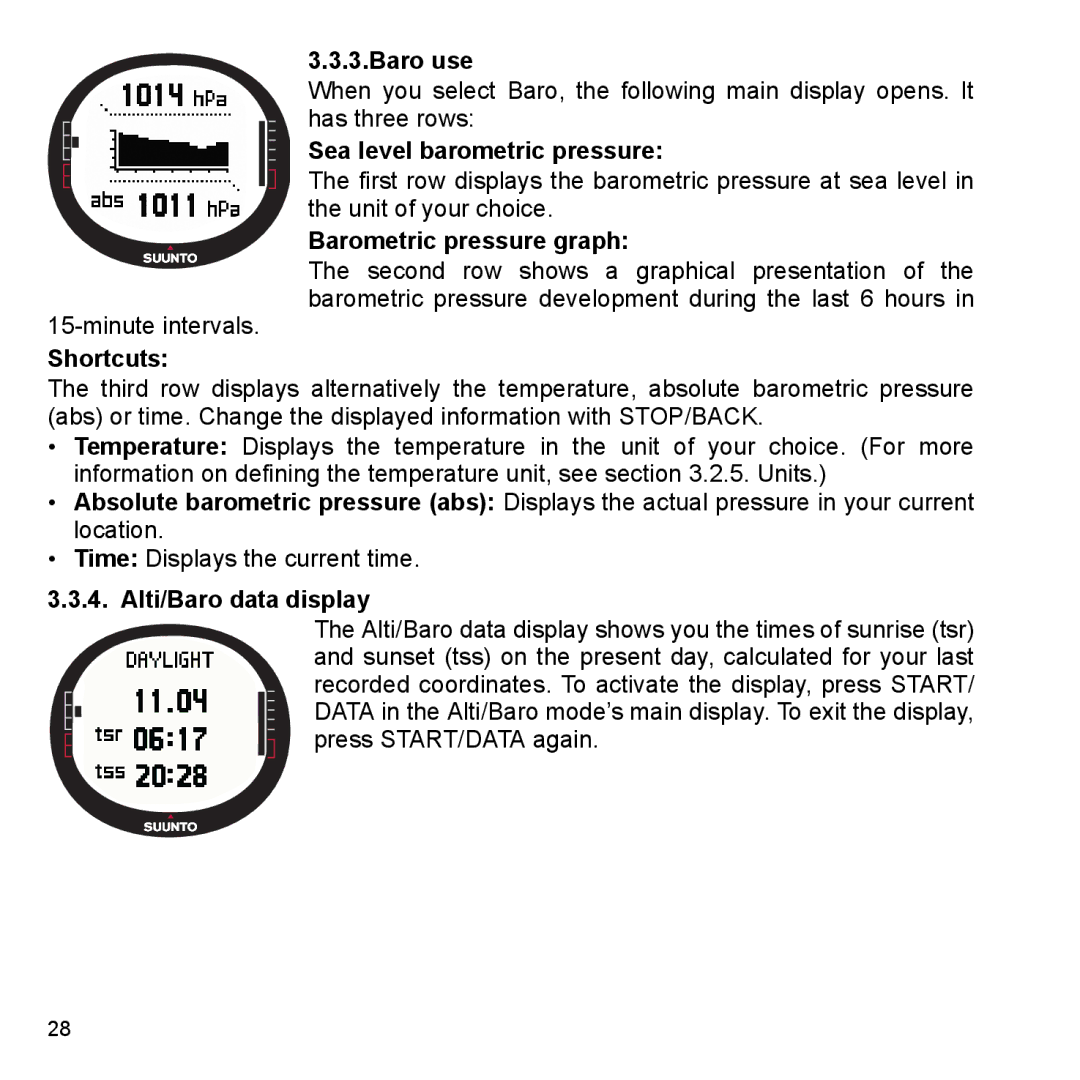 Suunto X9_en manual Baro use, Sea level barometric pressure, Barometric pressure graph, Alti/Baro data display 