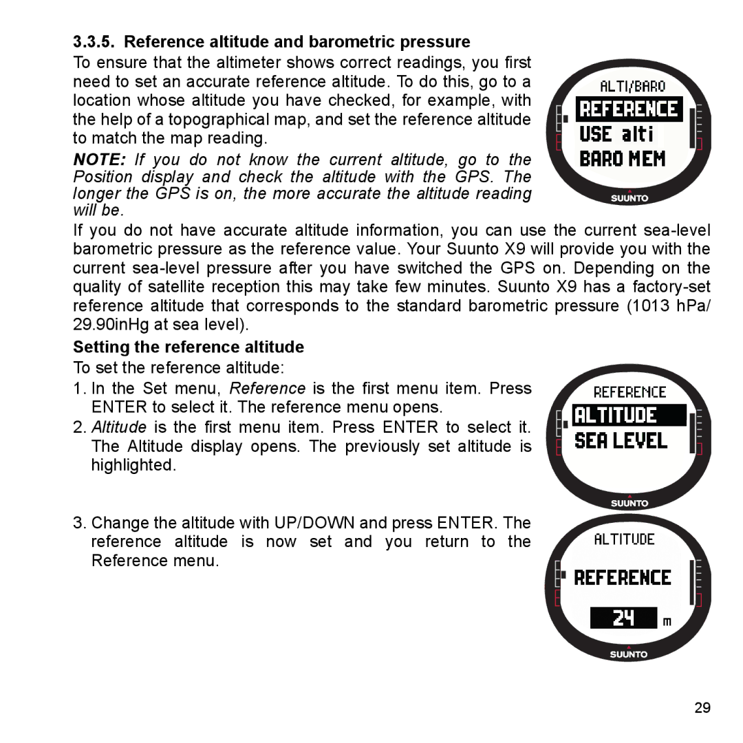 Suunto X9_en manual Reference altitude and barometric pressure, Setting the reference altitude 