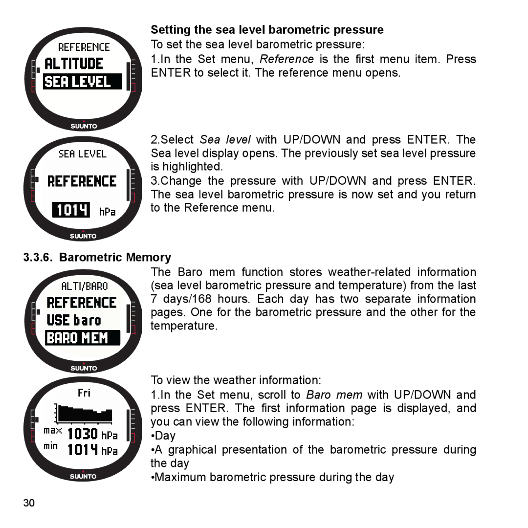 Suunto X9_en manual Setting the sea level barometric pressure, Barometric Memory 