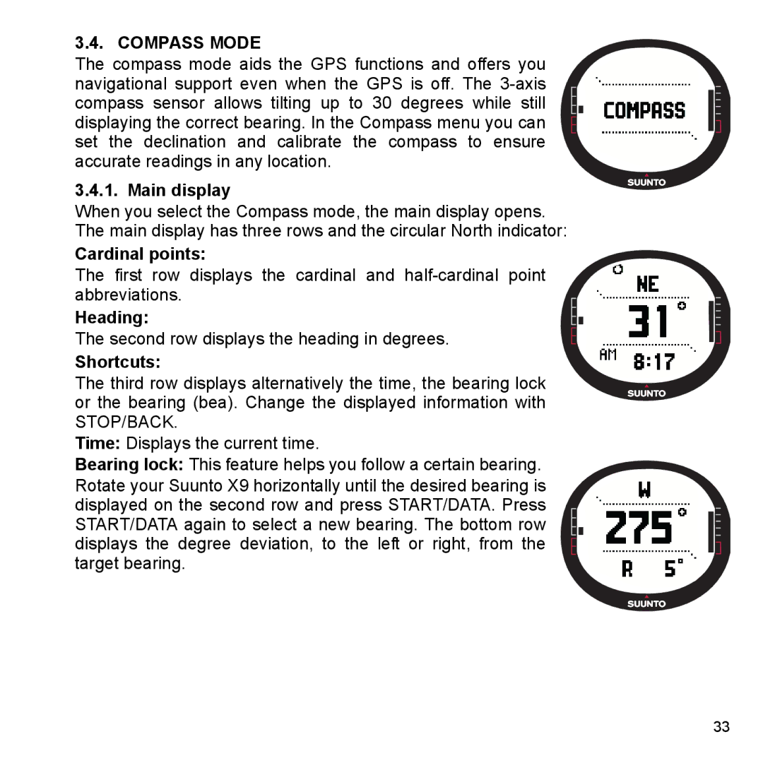 Suunto X9_en manual Compass Mode, Cardinal points, Heading 