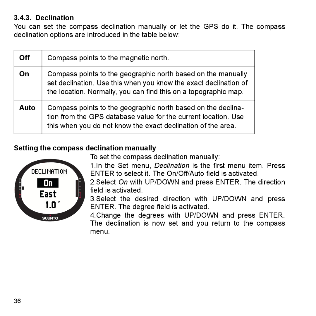 Suunto X9_en Declination, Off, Auto, Setting the compass declination manually 