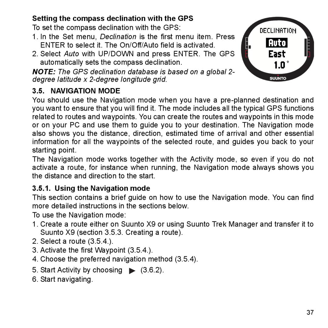 Suunto X9_en manual Setting the compass declination with the GPS, Navigation Mode, Using the Navigation mode 