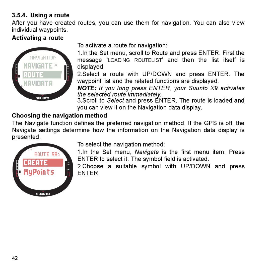 Suunto X9_en manual Using a route, Activating a route, Choosing the navigation method 