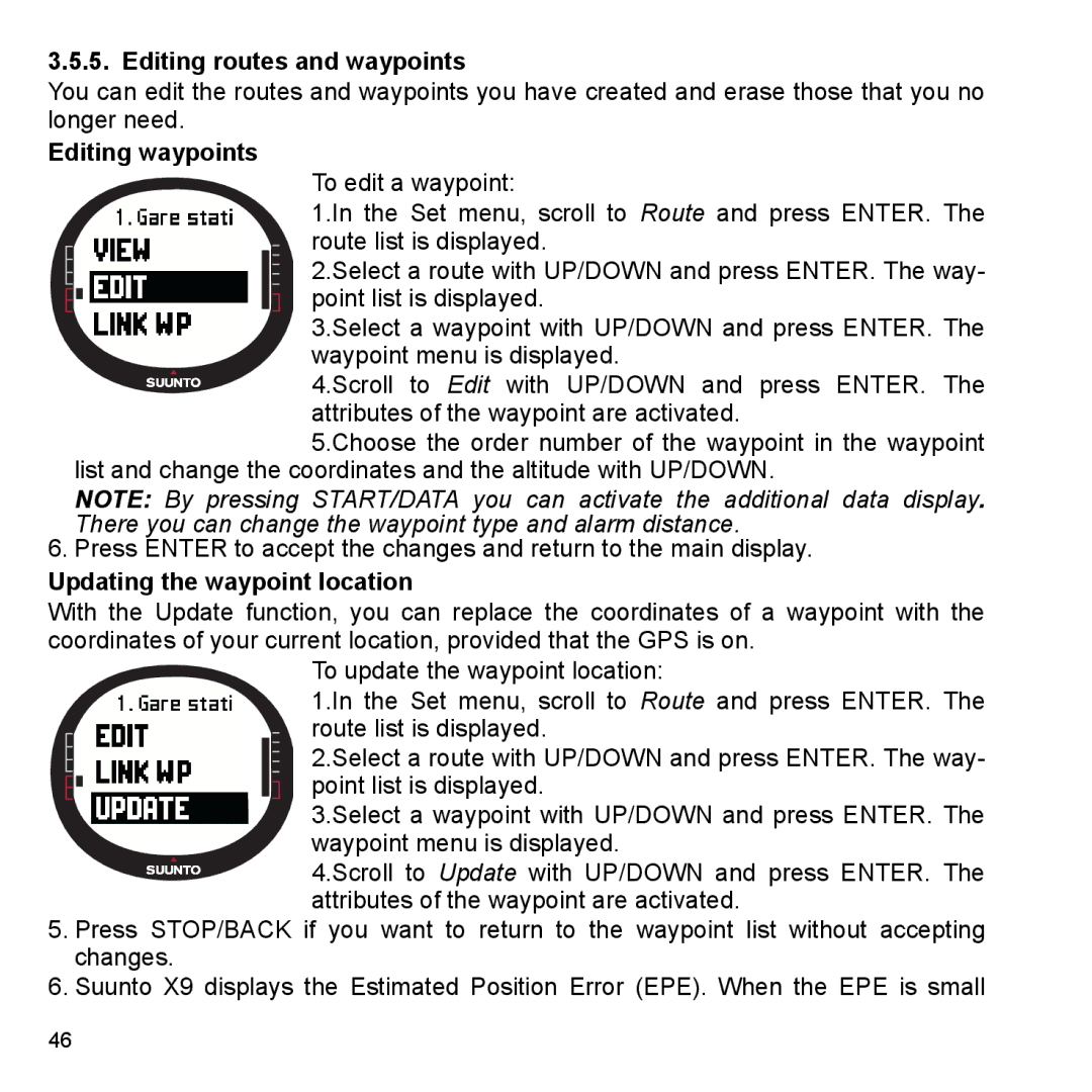 Suunto X9_en manual Editing routes and waypoints, Editing waypoints, Updating the waypoint location 