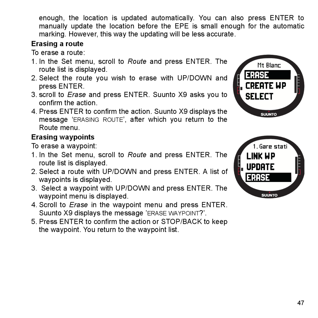 Suunto X9_en manual Erasing a route, Erasing waypoints 