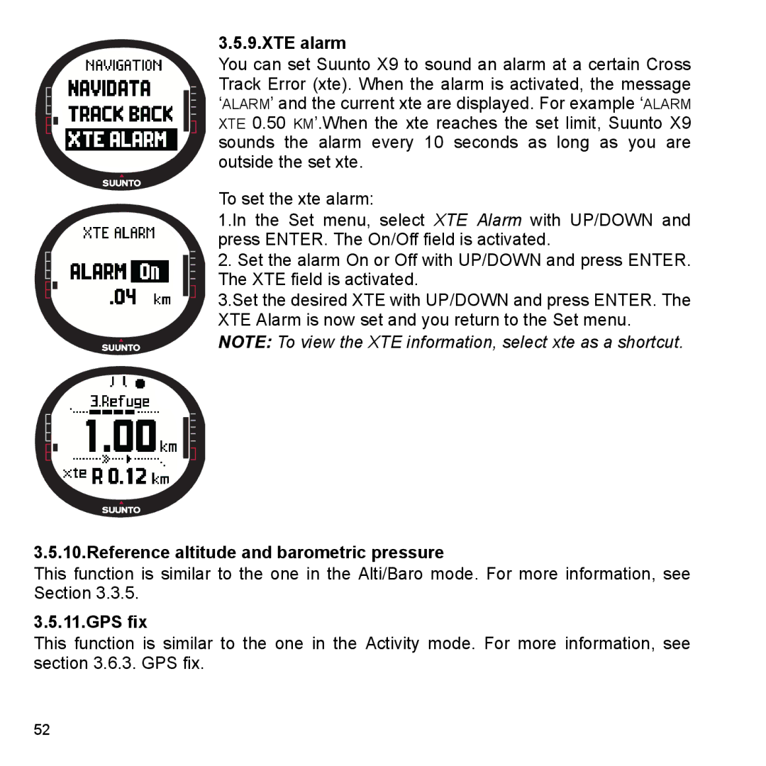 Suunto X9_en manual XTE alarm, GPS fix 