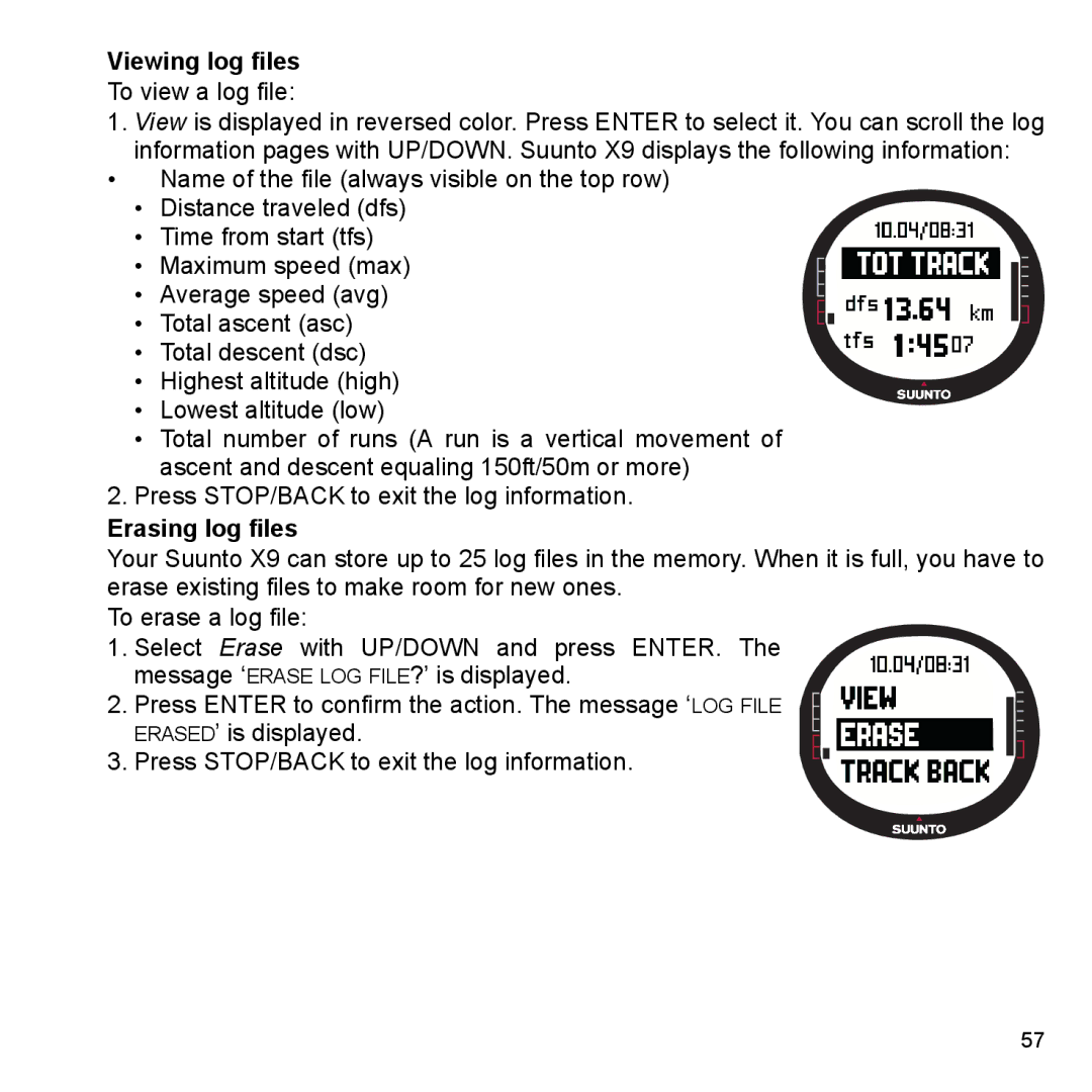 Suunto X9_en manual Viewing log files, Erasing log files 