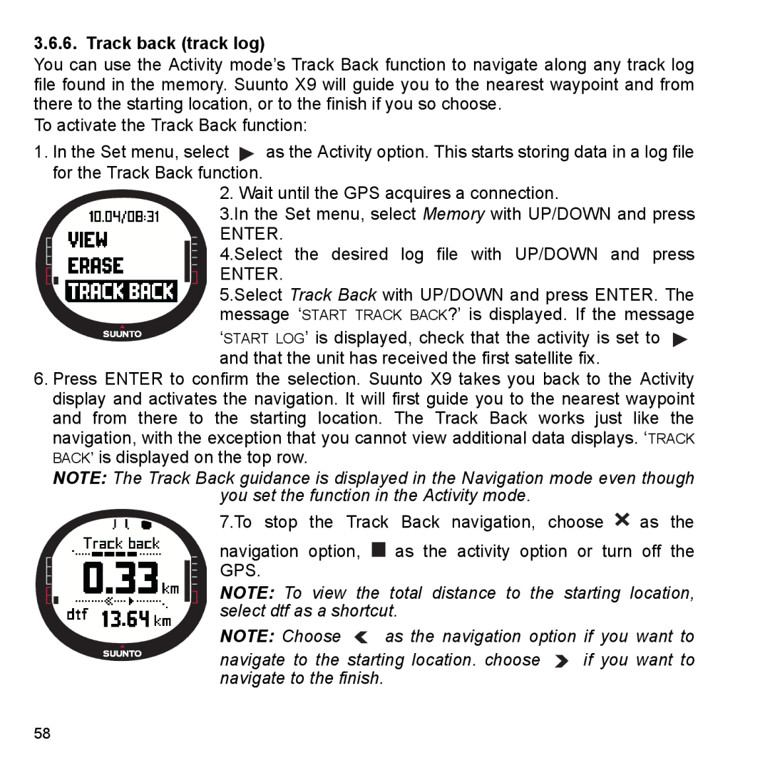 Suunto X9_en manual Track back track log, You set the function in the Activity mode 