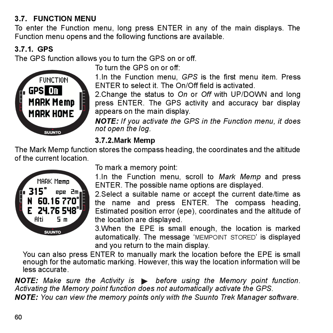 Suunto X9_en manual Function Menu, Gps, Mark Memp 