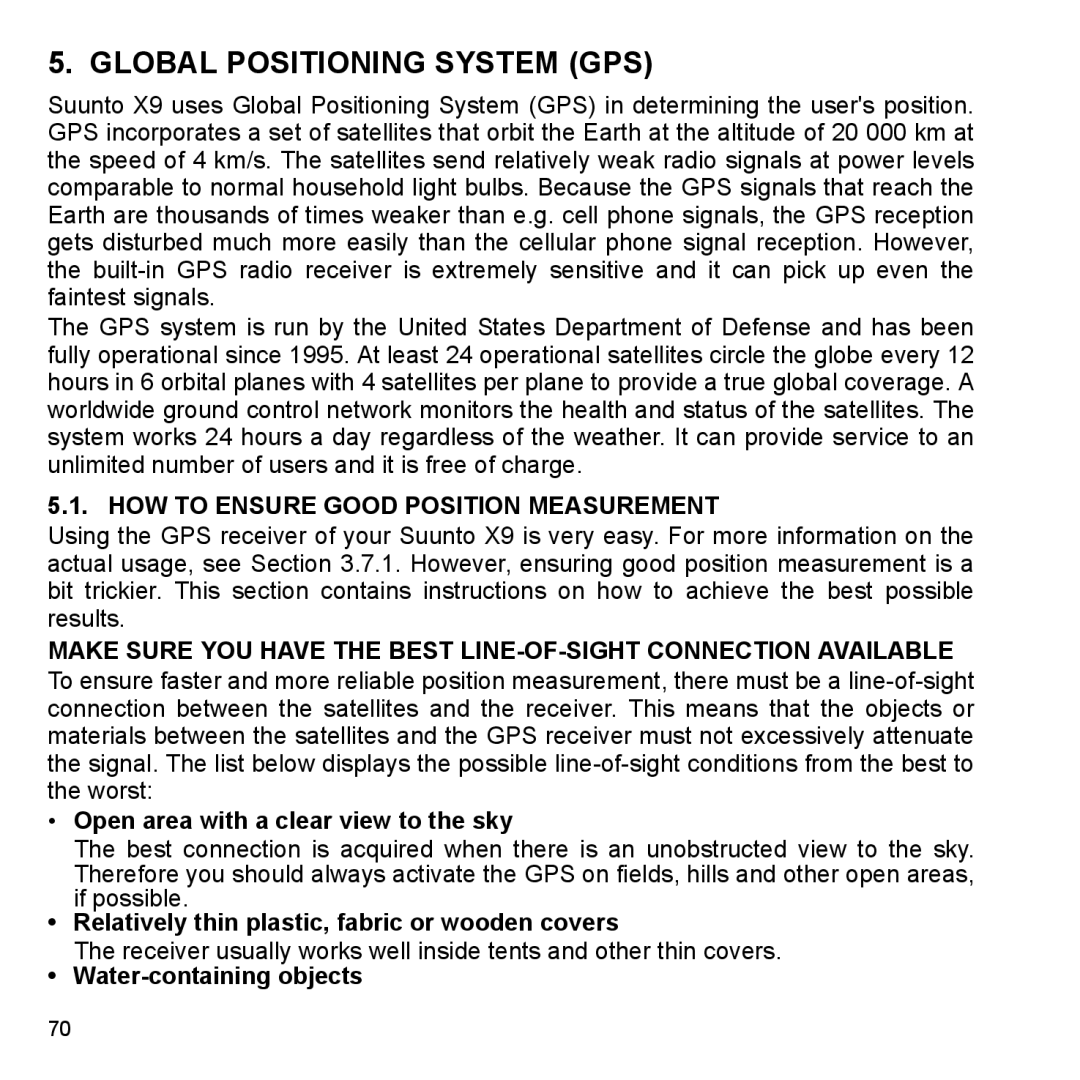 Suunto X9_en manual Global Positioning System GPS, HOW to Ensure Good Position Measurement, Water-containing objects 