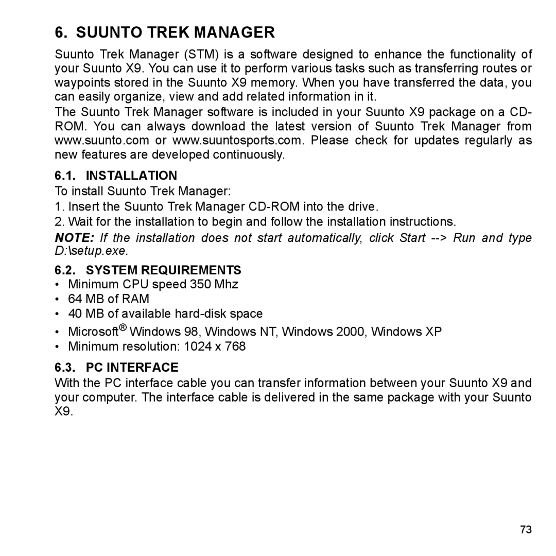 Suunto X9_en manual Suunto Trek Manager, Installation, System Requirements, PC Interface 