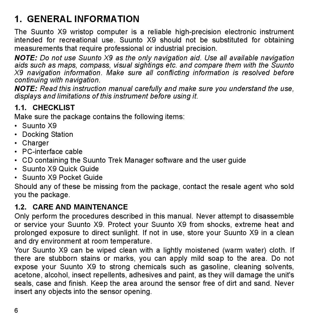 Suunto X9_en manual General Information, Checklist, Care and Maintenance 