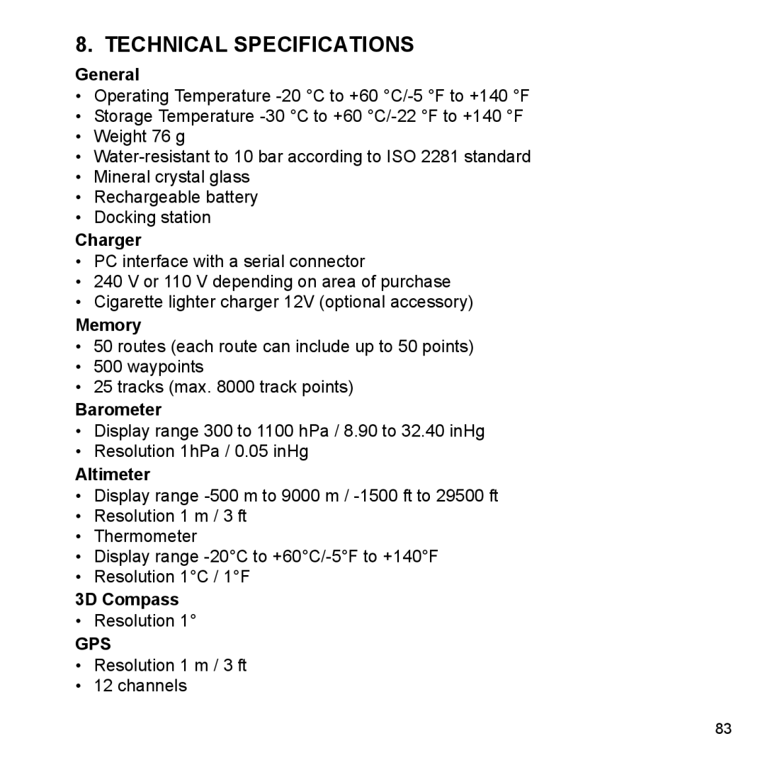 Suunto X9_en manual Technical Specifications, Gps 