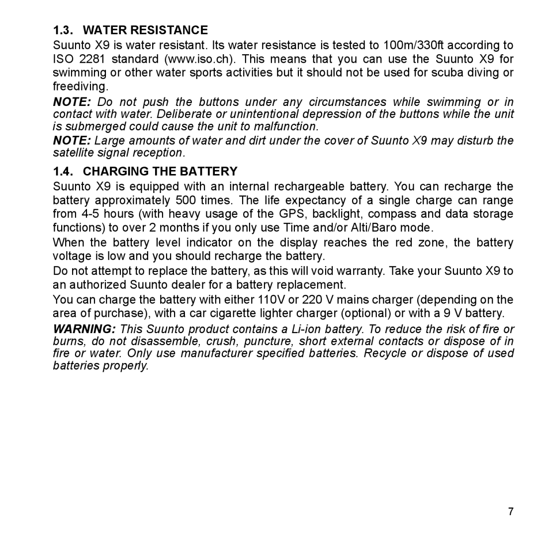 Suunto X9_en manual Water Resistance Charging the Battery 