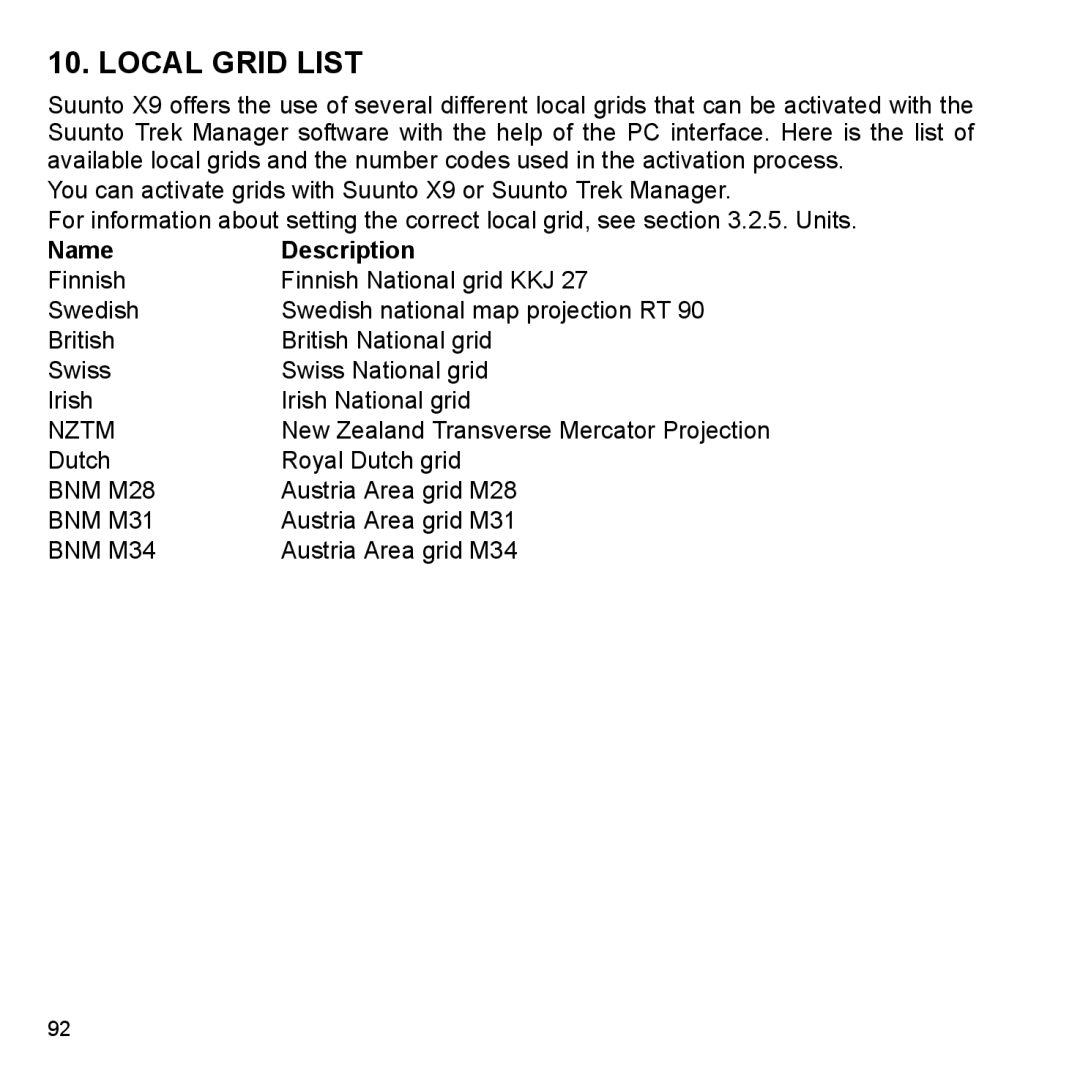 Suunto X9_en manual Local Grid List, Name Description 