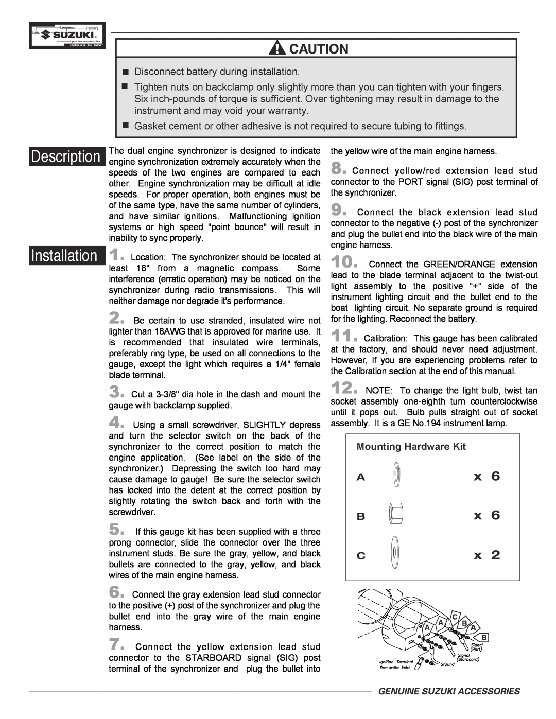 Suzuki 990C0-86B40, 86W41 manual Installation, Description, Mounting Hardware Kit 