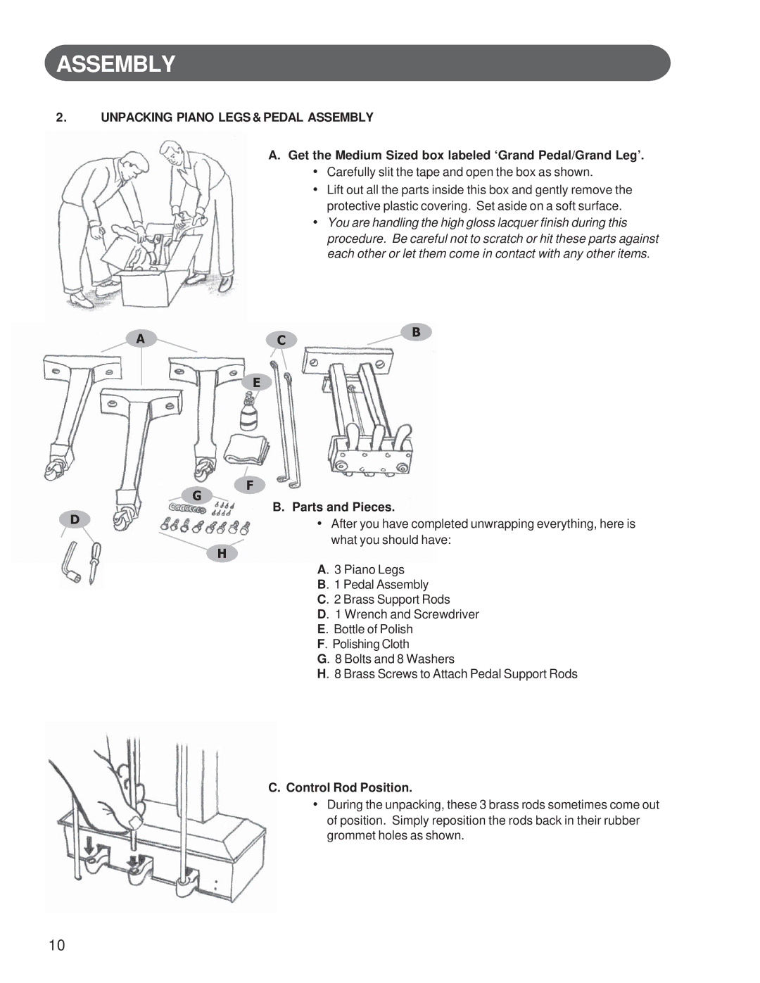 Suzuki Musical Instrument Corp GP-3 manual Unpacking Piano Legs & Pedal Assembly 