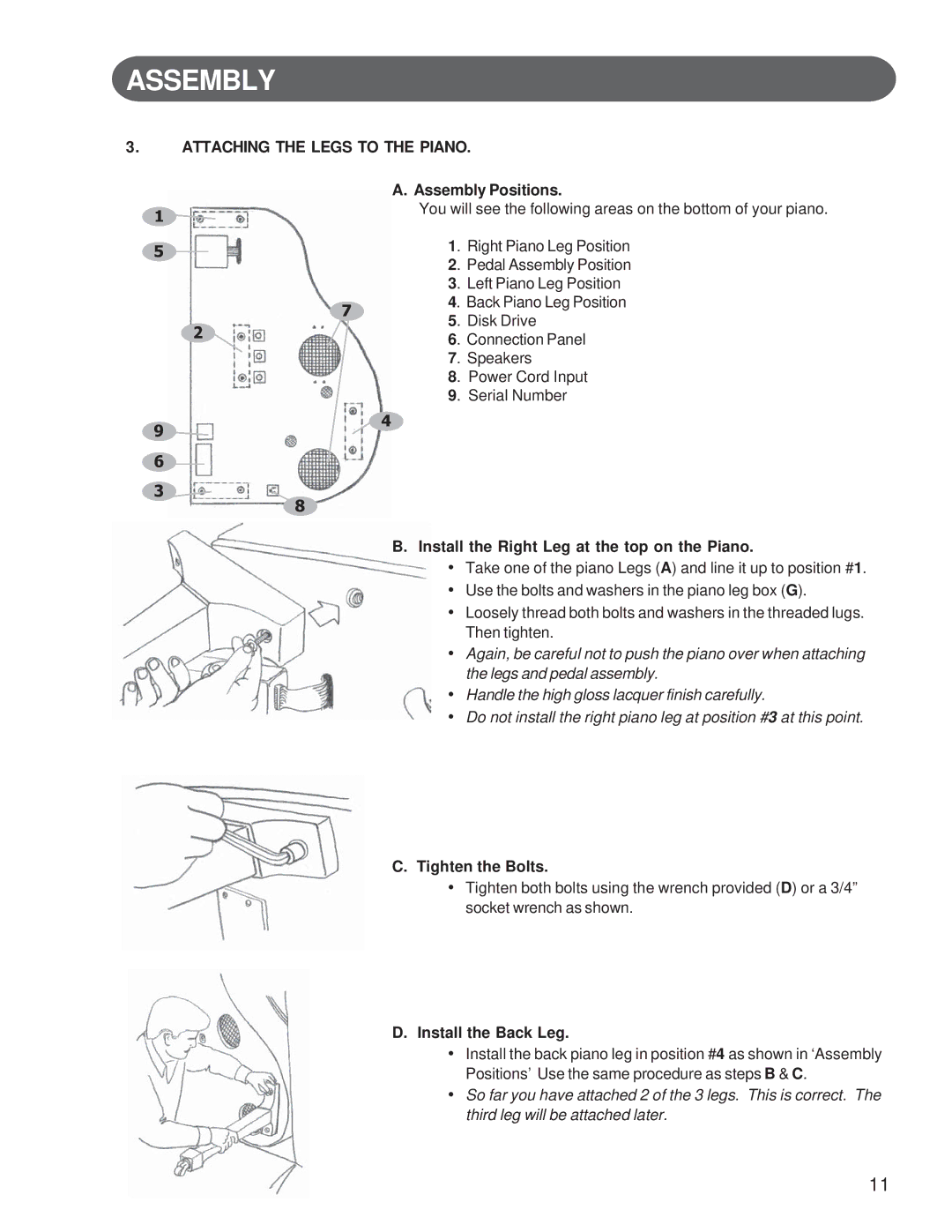 Suzuki Musical Instrument Corp GP-3 manual Attaching the Legs to the Piano 