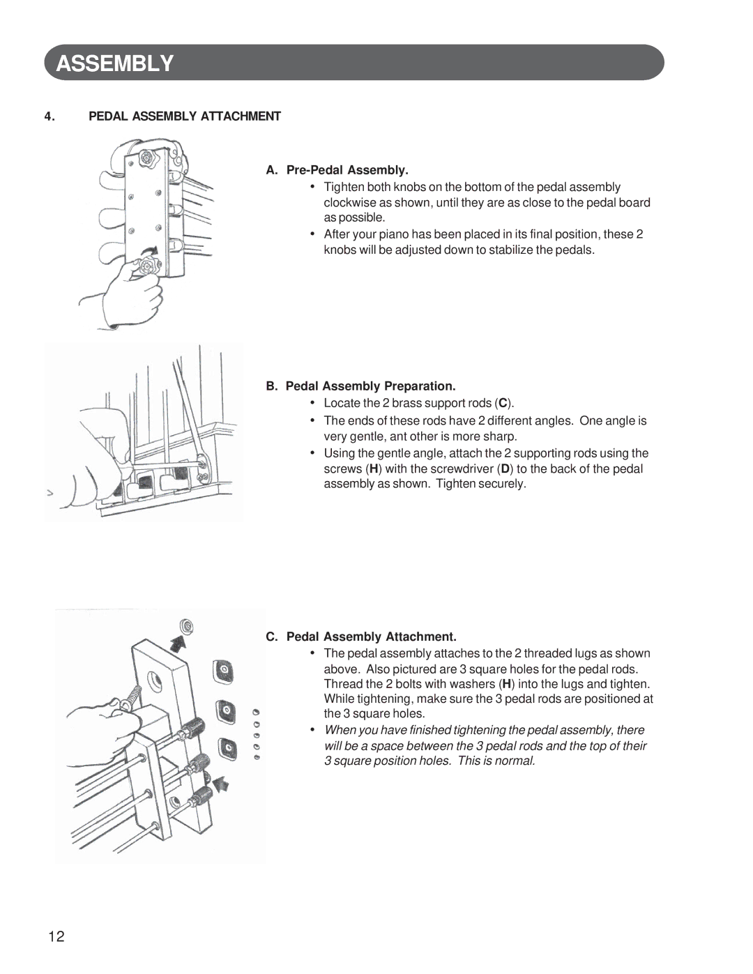 Suzuki Musical Instrument Corp GP-3 manual Pedal Assembly Attachment, Pre-Pedal Assembly, Pedal Assembly Preparation 