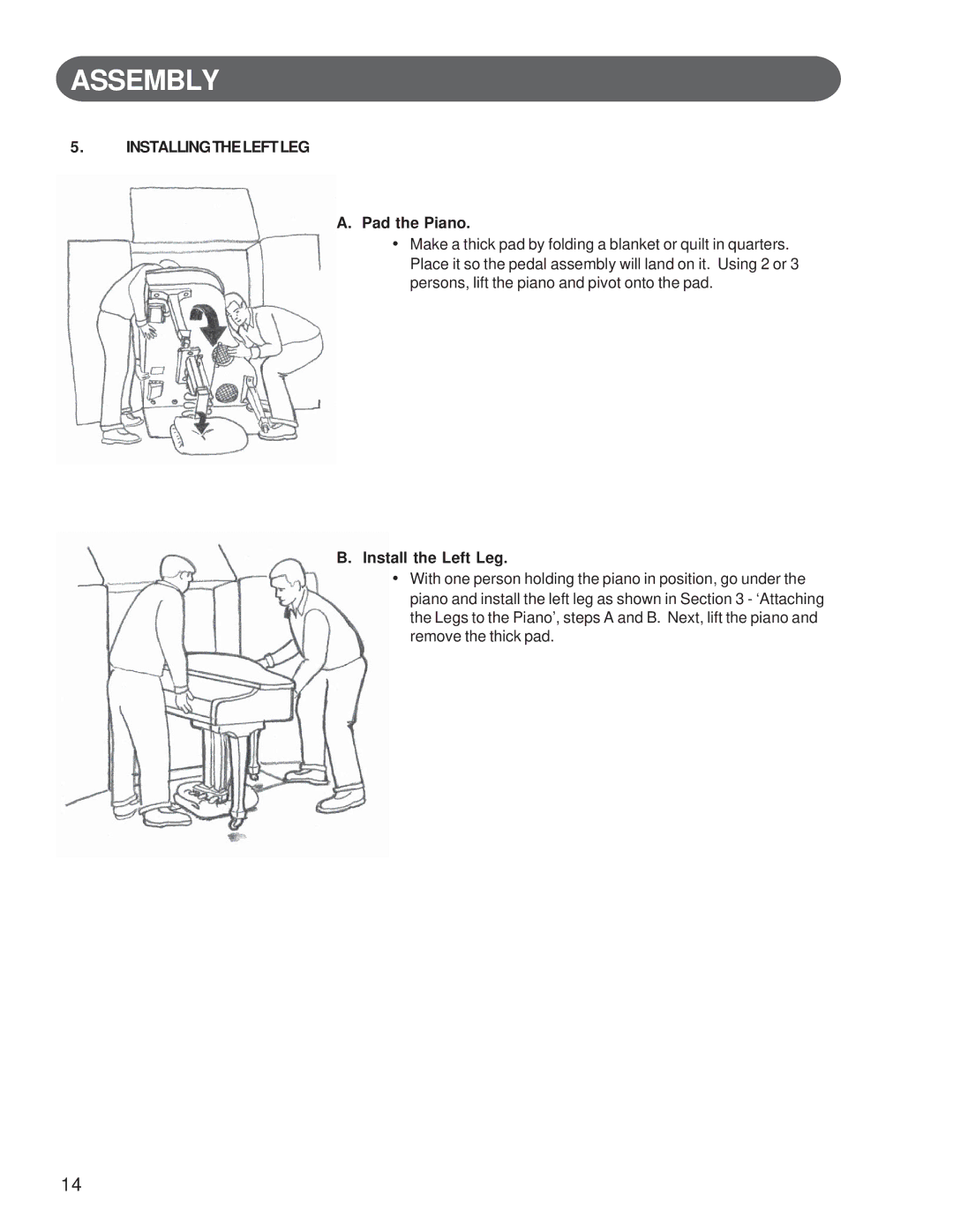 Suzuki Musical Instrument Corp GP-3 manual Installingtheleftleg, Pad the Piano, Install the Left Leg 