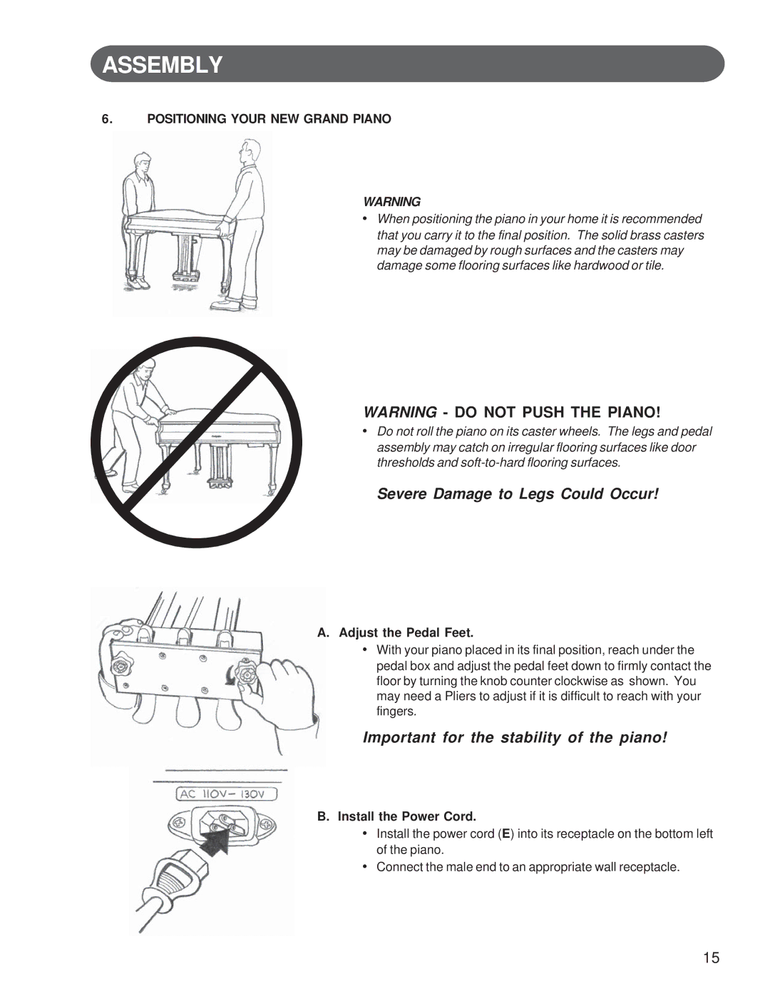 Suzuki Musical Instrument Corp GP-3 manual Positioning Your NEW Grand Piano, Adjust the Pedal Feet, Install the Power Cord 