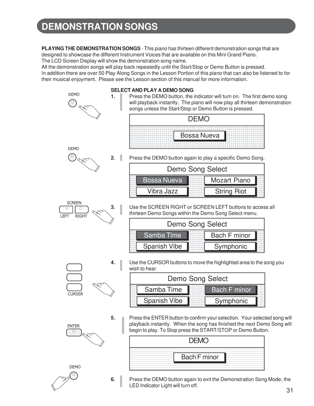 Suzuki Musical Instrument Corp GP-3 manual Demonstration Songs, Demo Song Select, Bossa Nueva, Samba Time, Bach F minor 