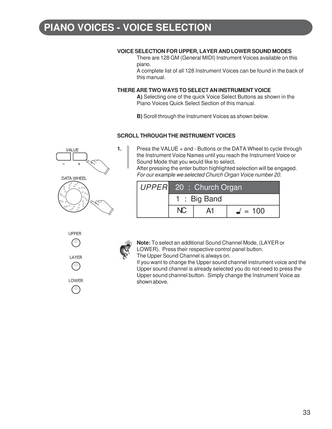 Suzuki Musical Instrument Corp GP-3 manual Piano Voices Voice Selection, There are TWO Ways to Select AN Instrument Voice 