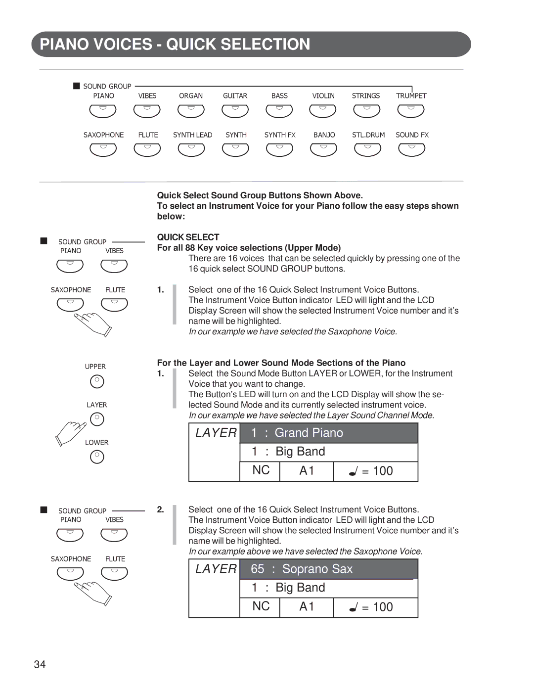 Suzuki Musical Instrument Corp GP-3 manual Piano Voices Quick Selection, For all 88 Key voice selections Upper Mode 