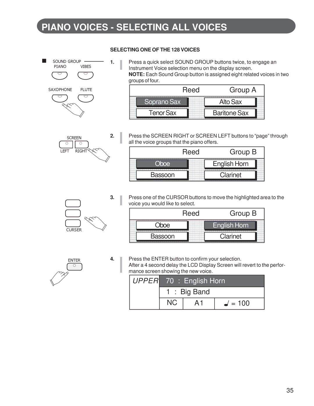 Suzuki Musical Instrument Corp GP-3 manual Piano Voices Selecting ALL Voices, Reed Group a, Reed Group B 