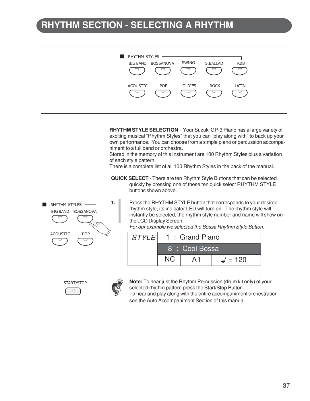 Suzuki Musical Instrument Corp GP-3 manual Rhythm Section Selecting a Rhythm, Style 