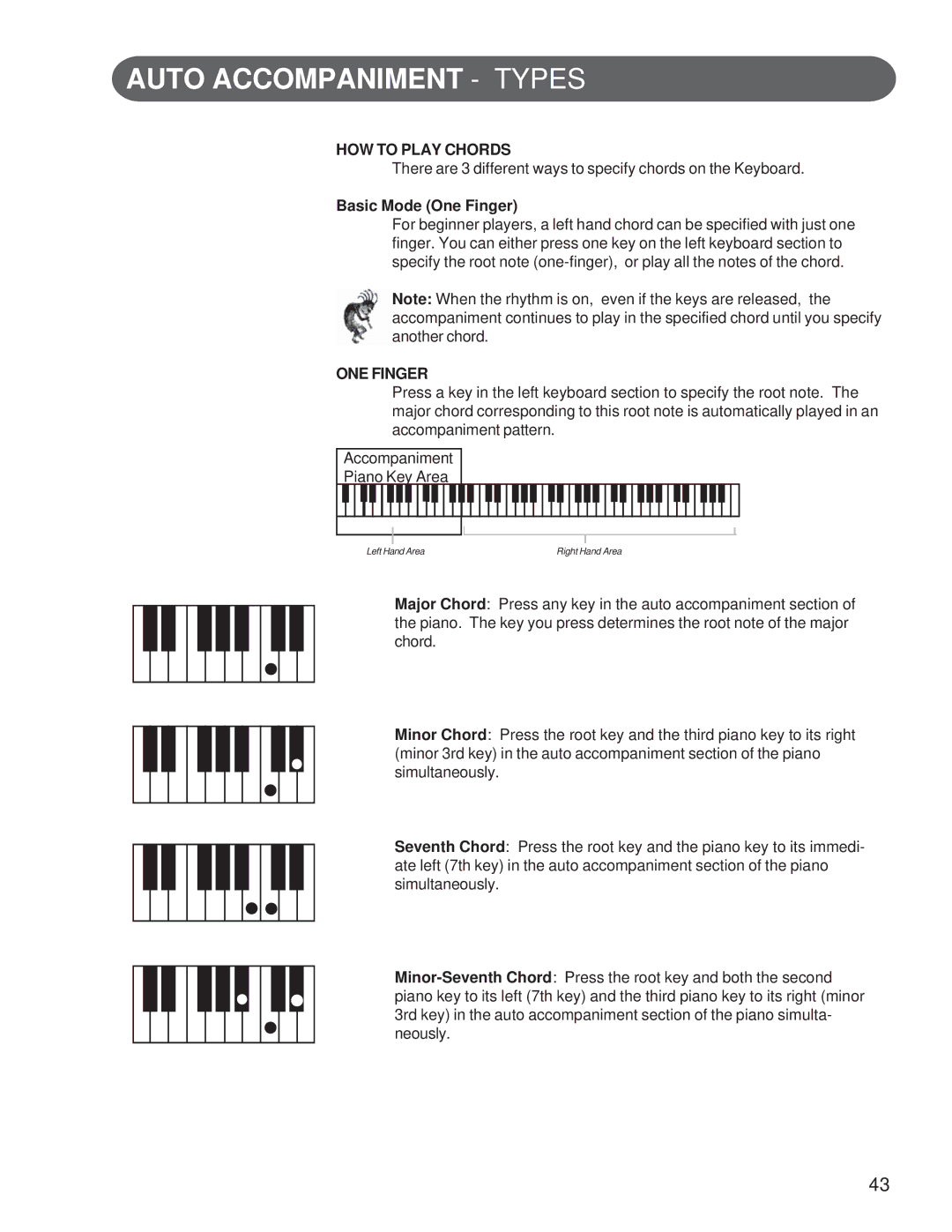 Suzuki Musical Instrument Corp GP-3 manual Auto Accompaniment Types, HOW to Play Chords, Basic Mode One Finger, ONE Finger 