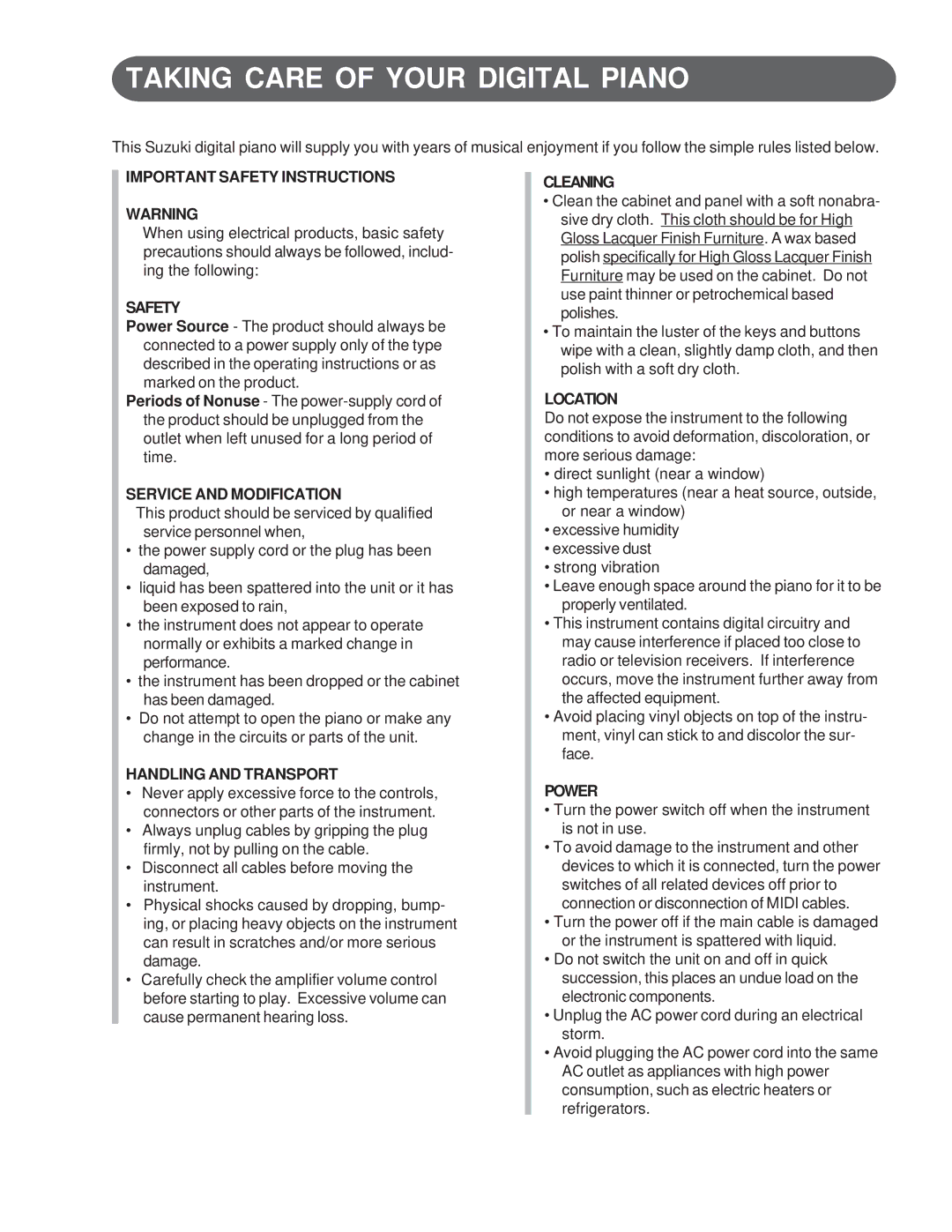 Suzuki Musical Instrument Corp GP-3 manual Taking Care of Your Digital Piano 