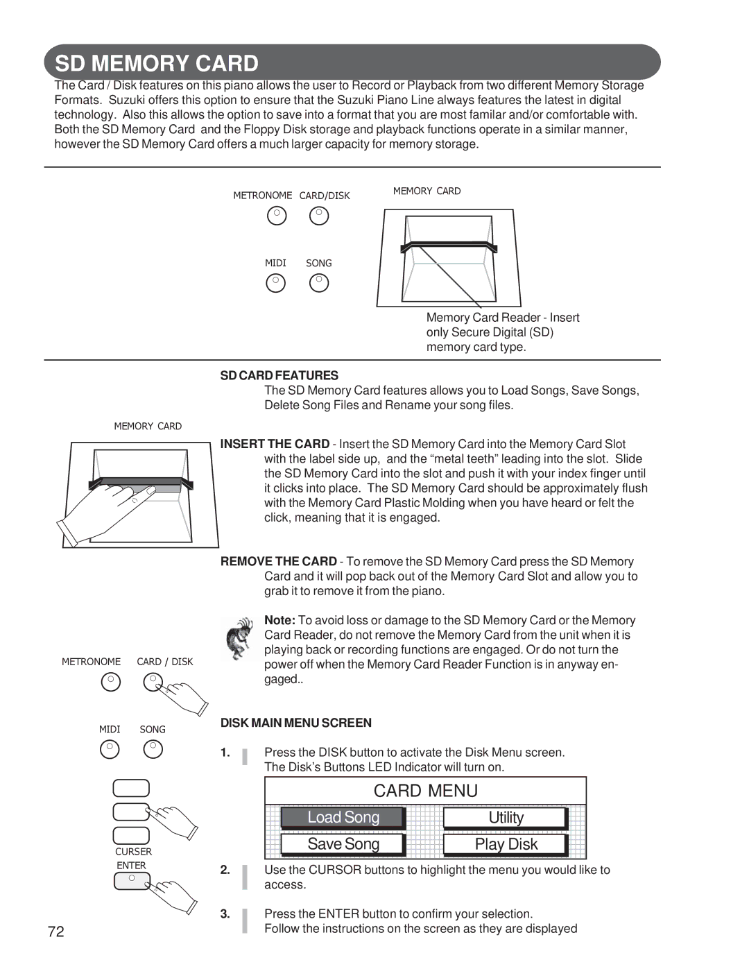 Suzuki Musical Instrument Corp GP-3 manual SD Memory Card, Load Song, Utility Save Song Play Disk, SD Card Features 