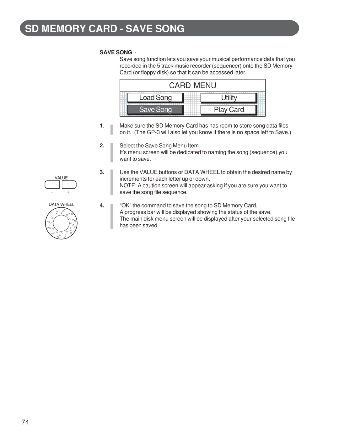 Suzuki Musical Instrument Corp GP-3 manual SD Memory Card Save Song, Load Song Utility, Play Card 