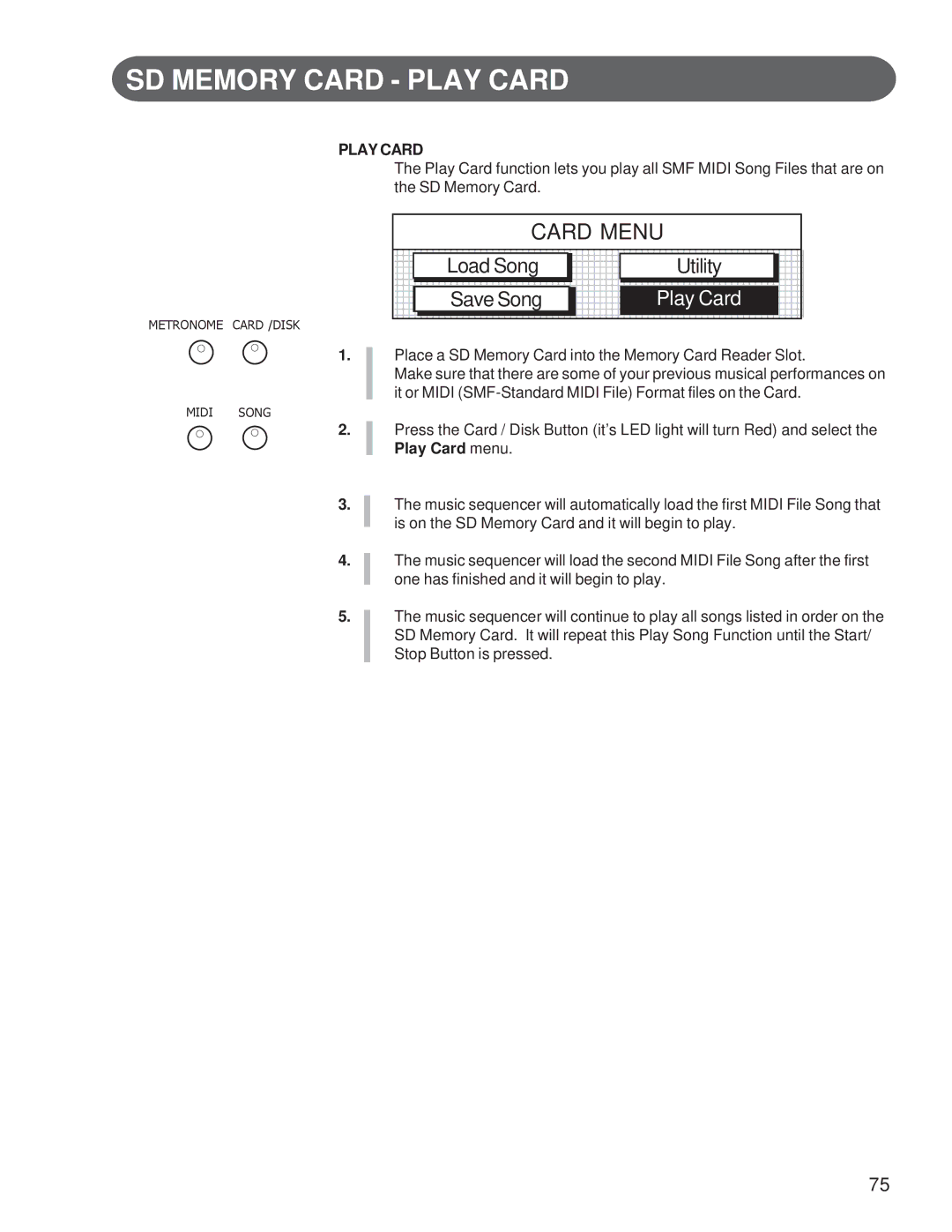 Suzuki Musical Instrument Corp GP-3 manual SD Memory Card Play Card, Load Song Utility Save Song 