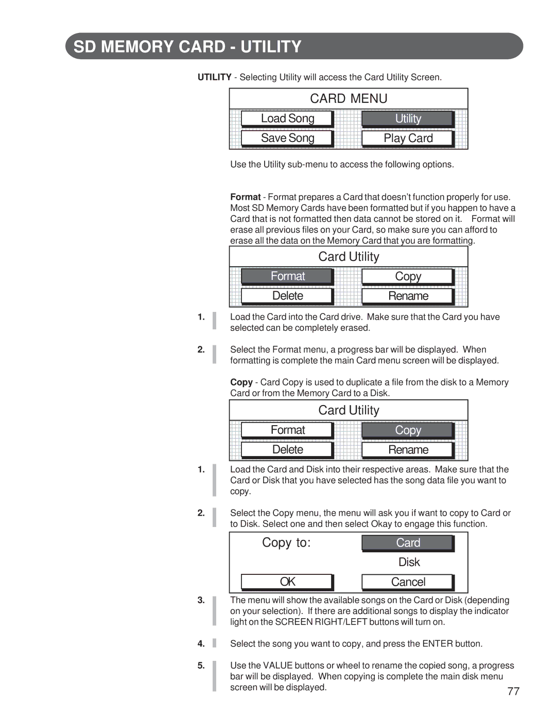 Suzuki Musical Instrument Corp GP-3 manual SD Memory Card Utility, Copy to 