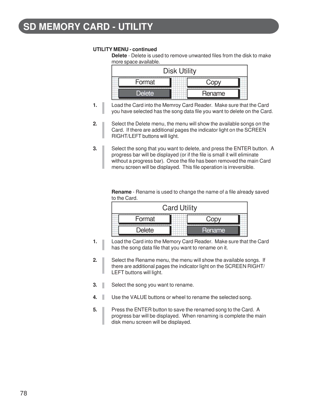 Suzuki Musical Instrument Corp GP-3 manual Disk Utility, Copy Rename, Format Copy Delete, Utility Menu 