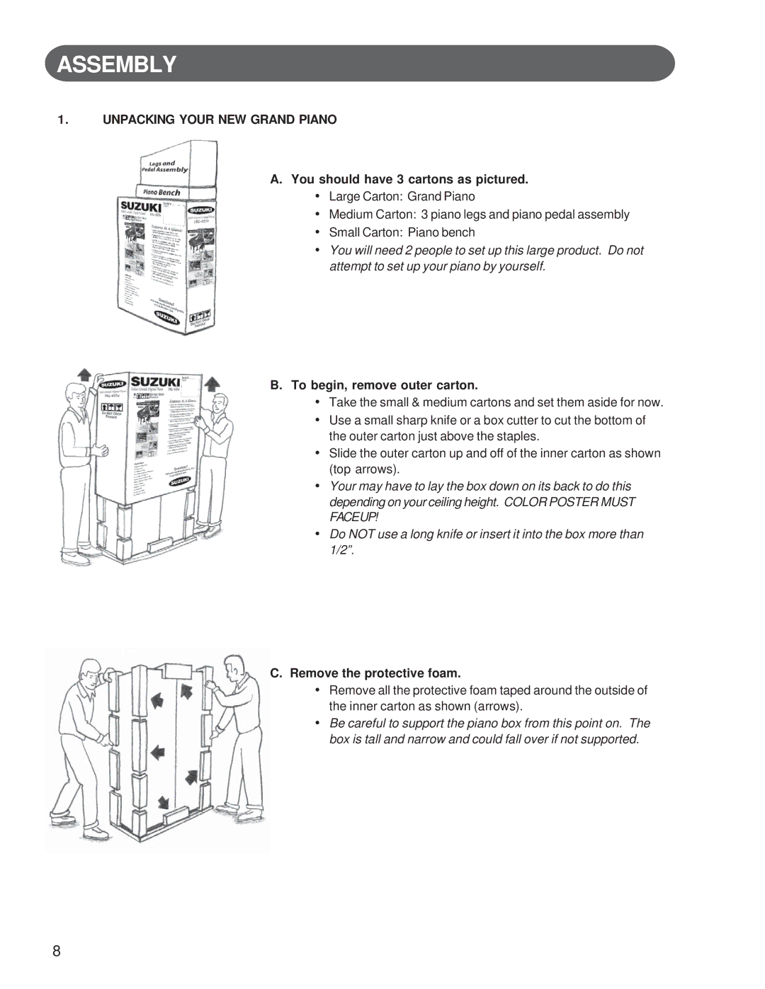 Suzuki Musical Instrument Corp GP-3 manual Unpacking Your NEW Grand Piano, You should have 3 cartons as pictured 