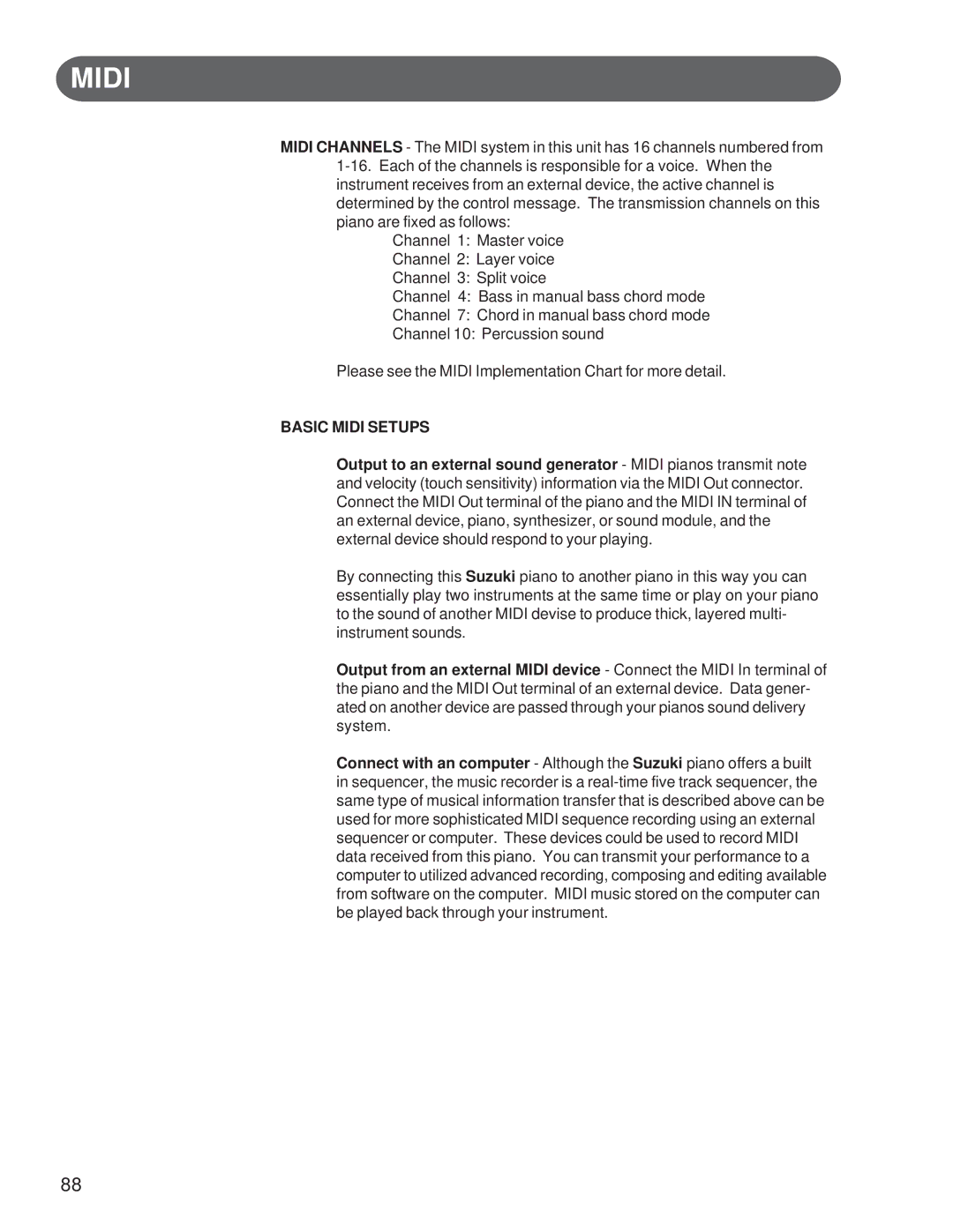 Suzuki Musical Instrument Corp GP-3 manual Basic Midi Setups 