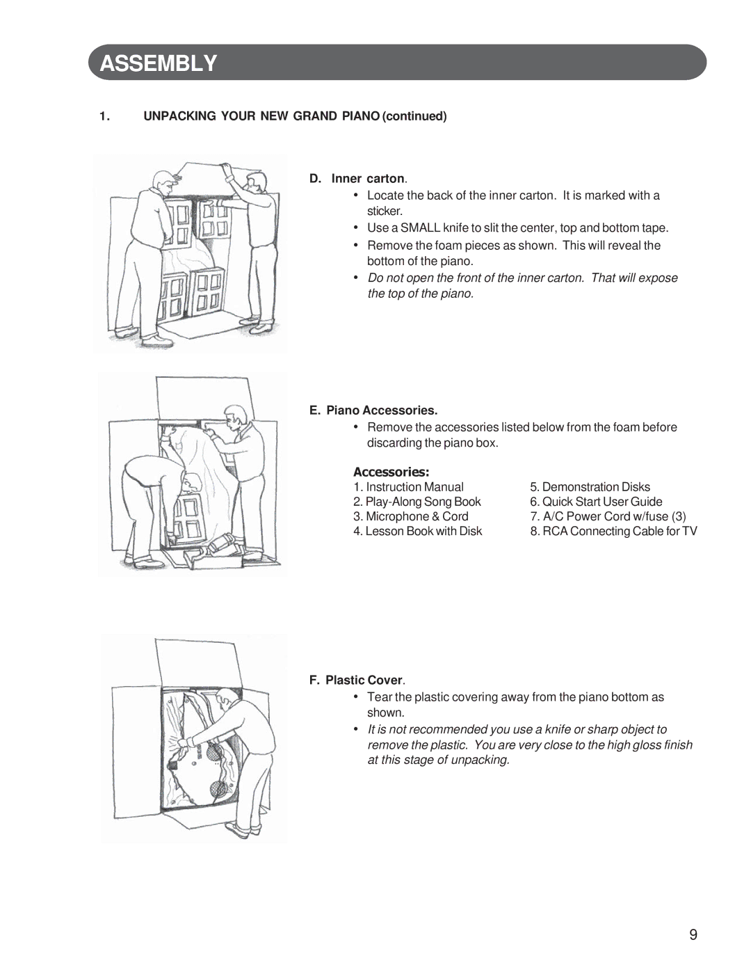 Suzuki Musical Instrument Corp GP-3 manual Unpacking Your NEW Grand Piano Inner carton, Piano Accessories, Plastic Cover 