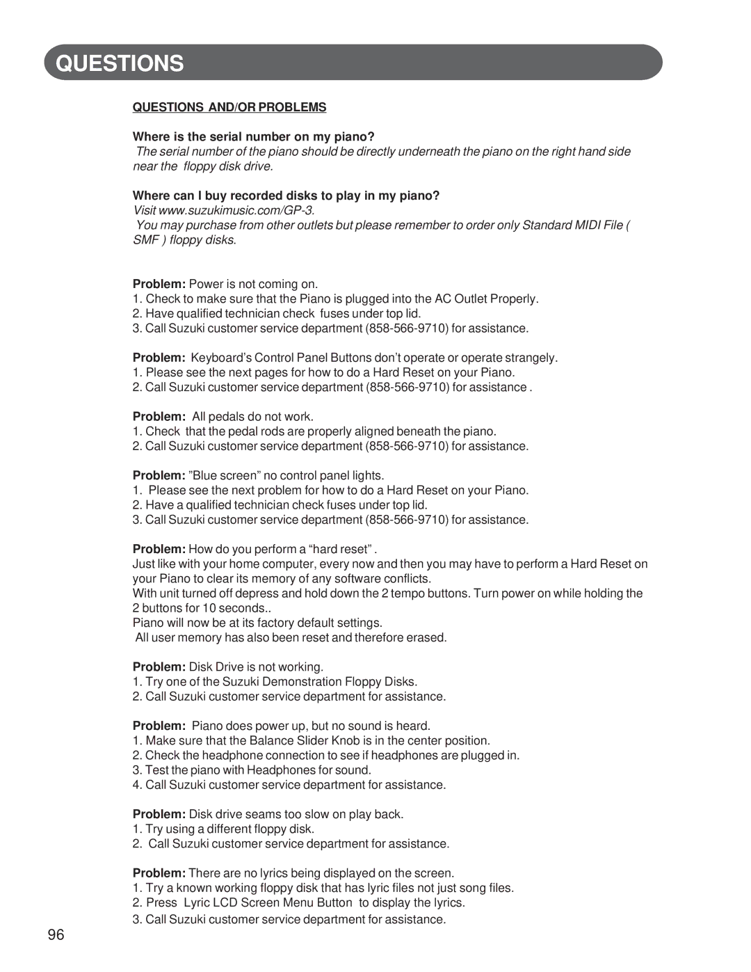 Suzuki Musical Instrument Corp GP-3 manual Questions AND/OR Problems, Where is the serial number on my piano? 