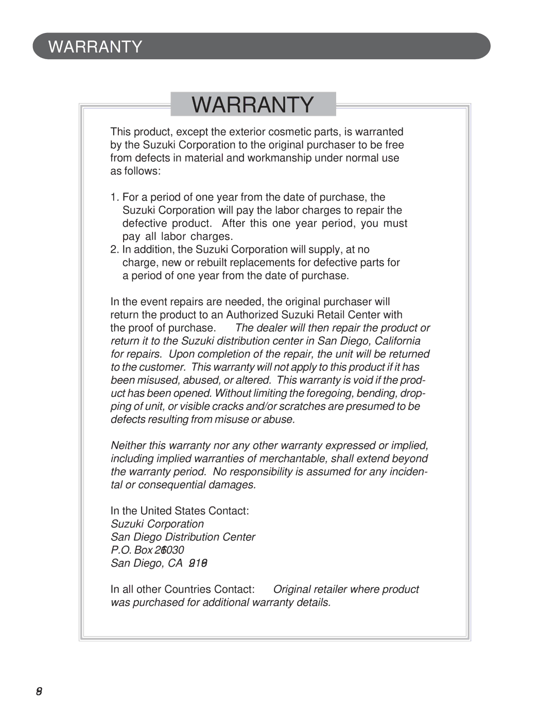 Suzuki Musical Instrument Corp GP-3 manual Warranty 