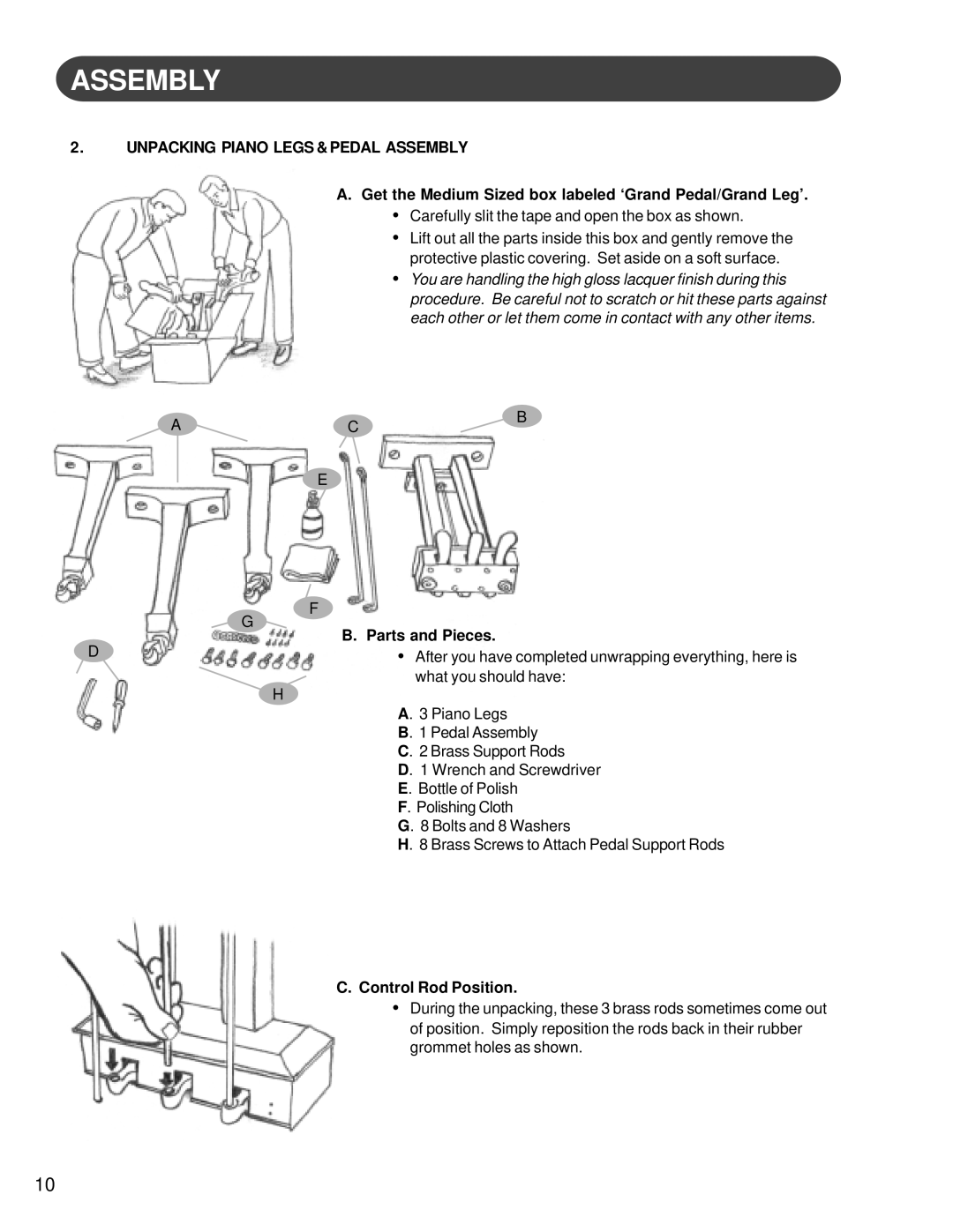 Suzuki Musical Instrument Corp HG-425e manual Unpacking Piano Legs & Pedal Assembly 