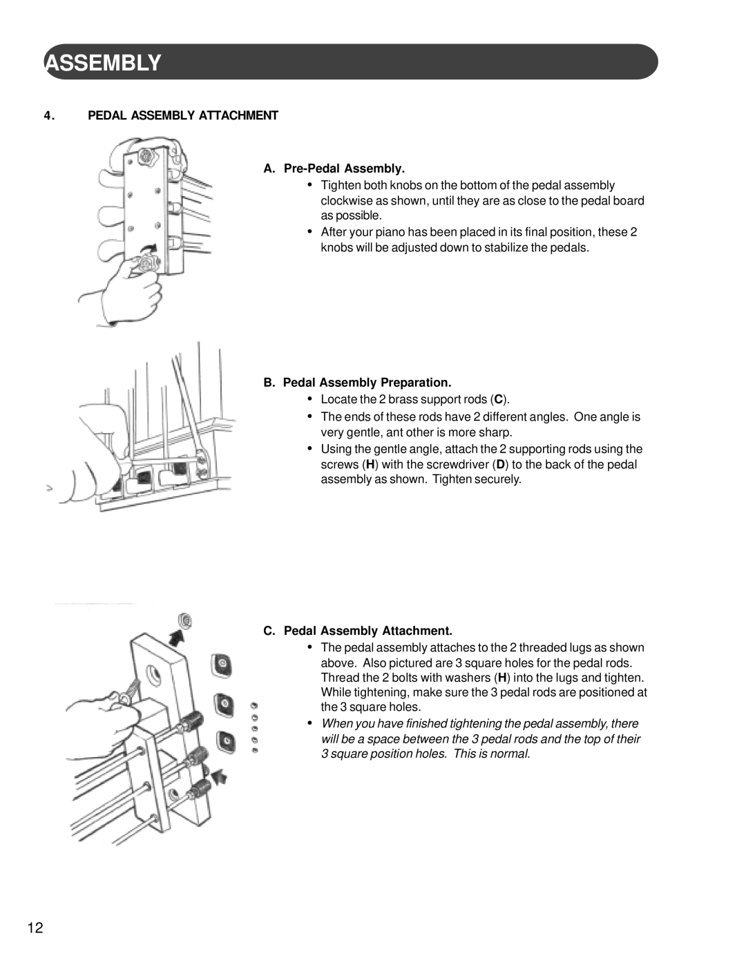 Suzuki Musical Instrument Corp HG-425e manual Pedal Assembly Attachment, Pre-Pedal Assembly, Pedal Assembly Preparation 